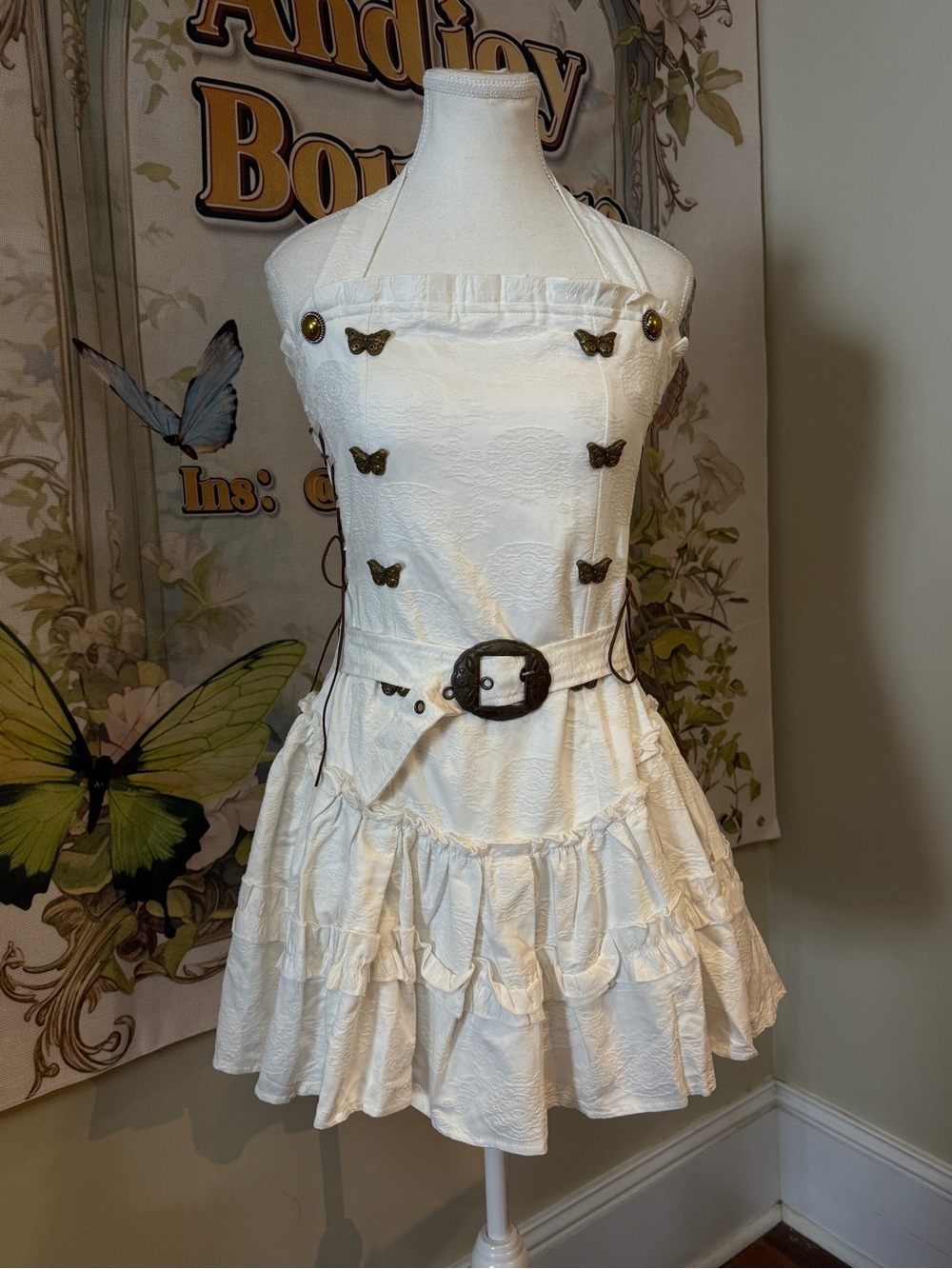 White Ruffled Halter Dress with Butterfly Accents